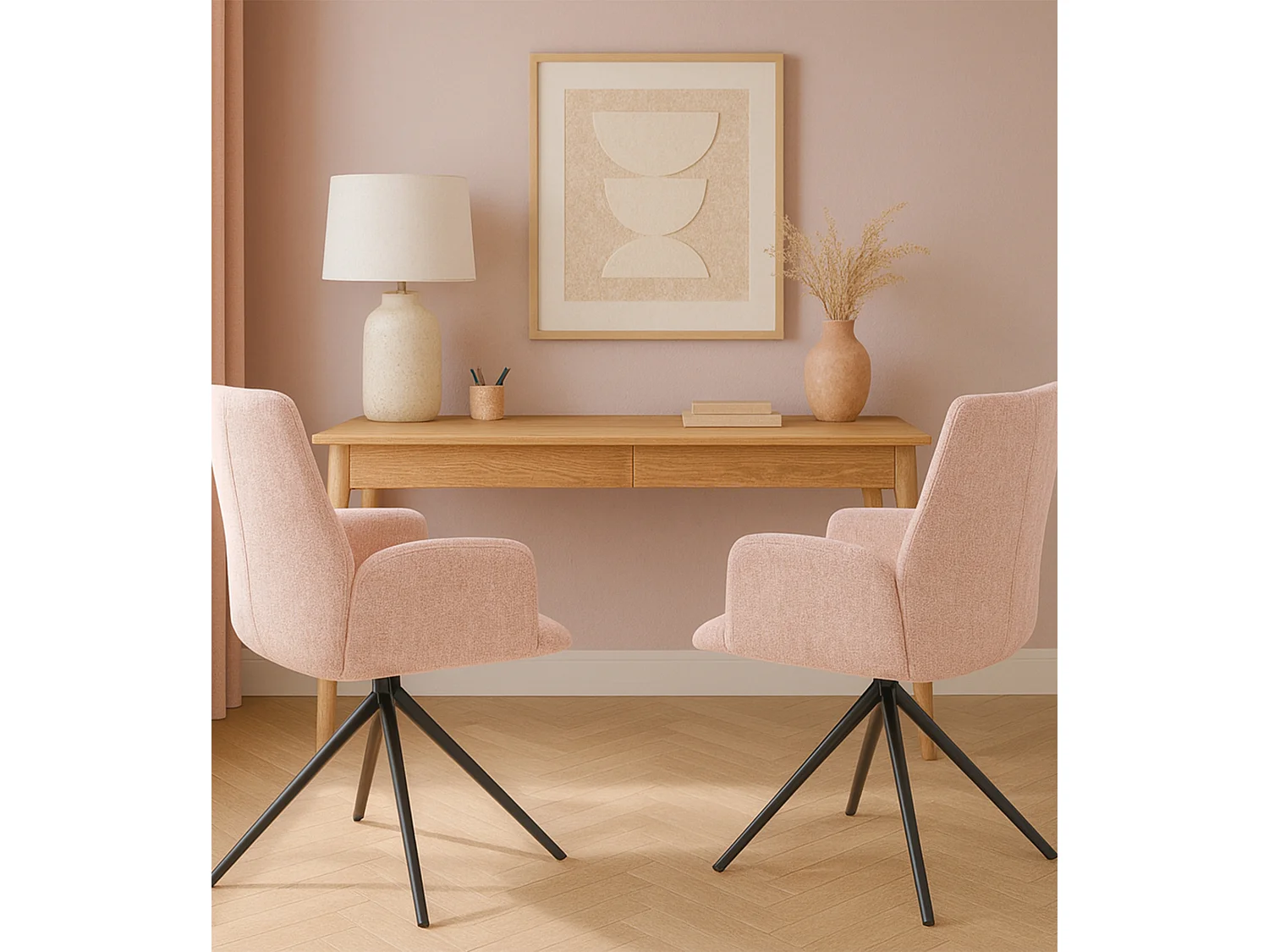 Pack de 2 sillas de comedor u oficina de 93x63x62 cm giratorias de tela en rosa Andrea