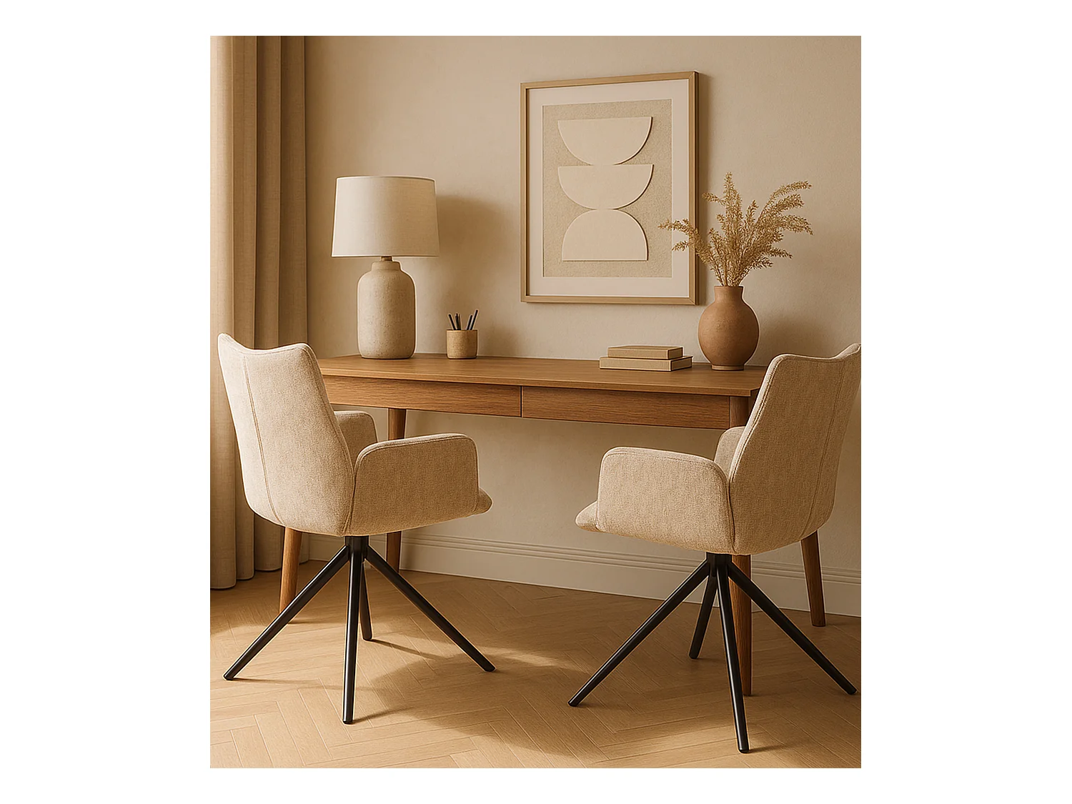Pack de 2 sillas de comedor u oficina de 93x63x62 cm giratorias de tela en beige Andrea