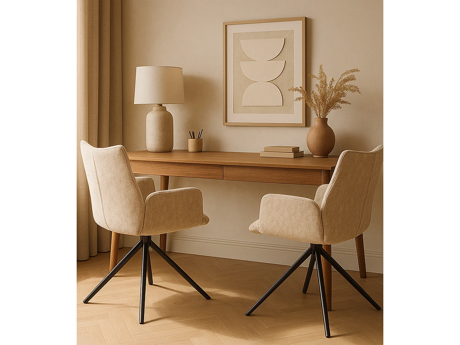 Pack de 2 sillas de comedor u oficina de 93x63x62 cm giratorias de tela en beige Andrea