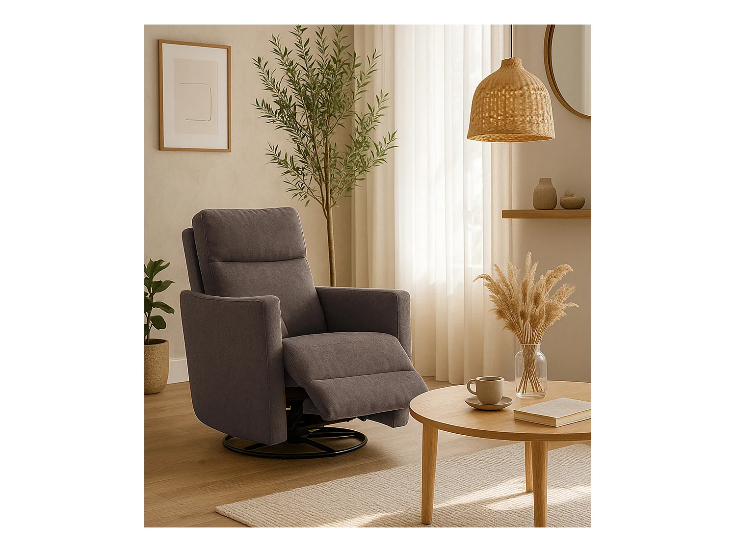 Sillón relax de 102x91x97 cm con sistema de apertura con palanca de tela en marrón May