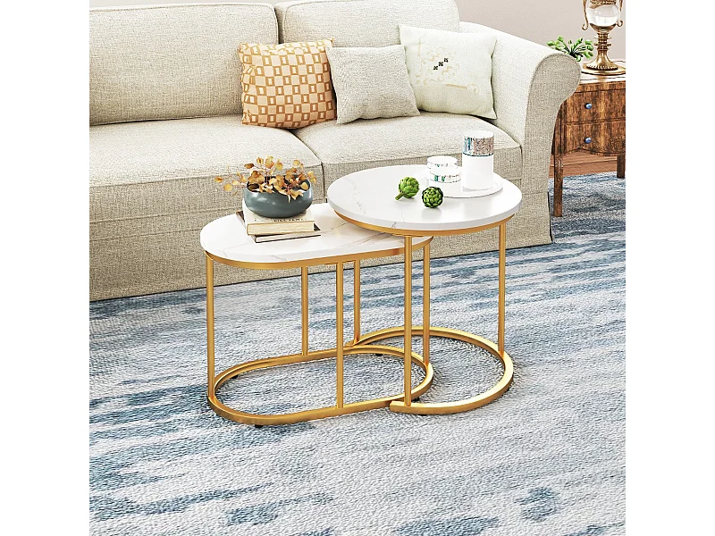 Lot de 2 Tables Basses Gigognes Tables d'Appoint Modernes avec Plateau Imitation Marbre Blanc Structure en Métal Doré Petites Blanc