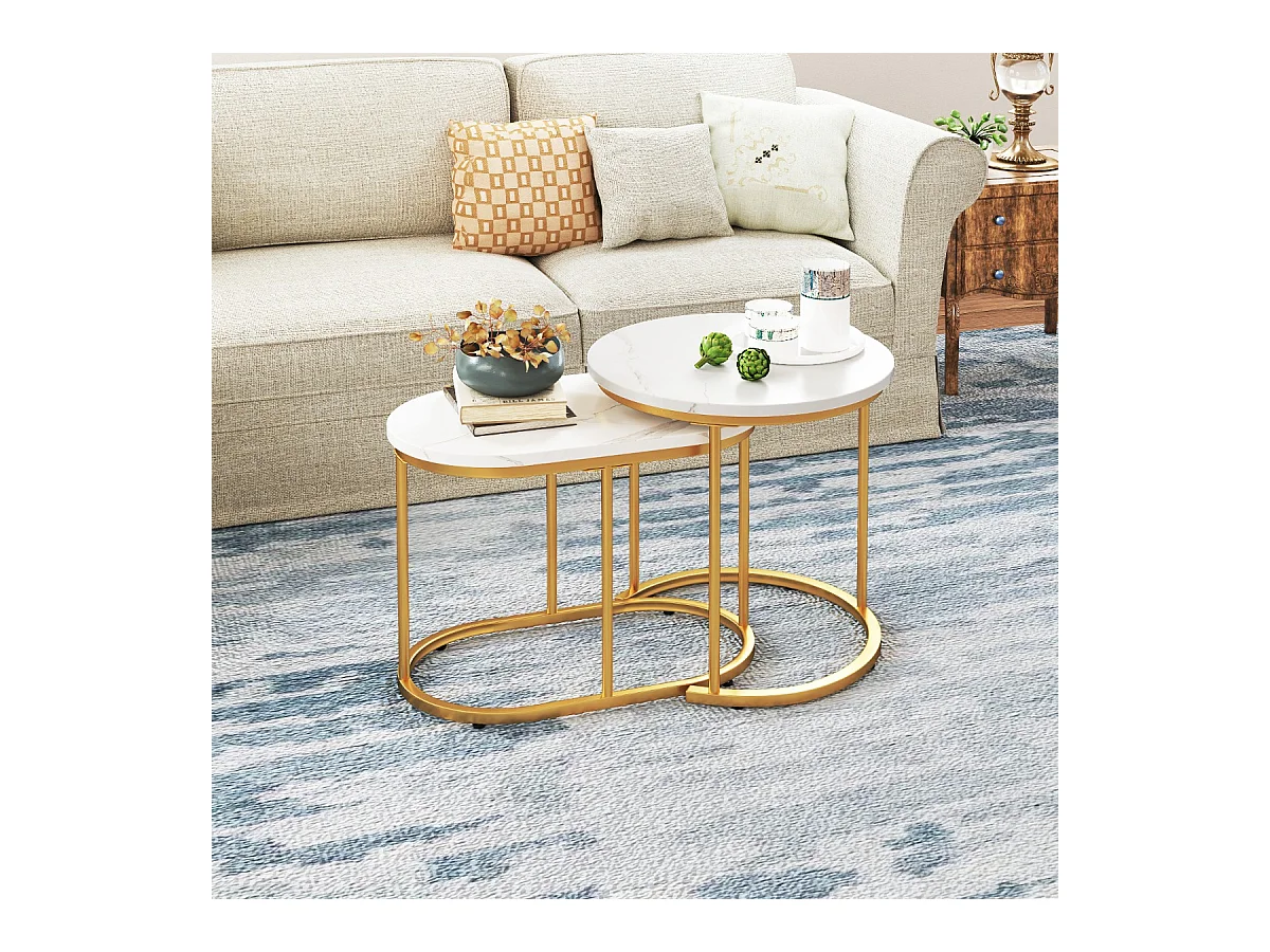 Lot de 2 Tables Basses Gigognes Tables d'Appoint Modernes avec Plateau Imitation Marbre Blanc Structure en Métal Doré Petites Blanc