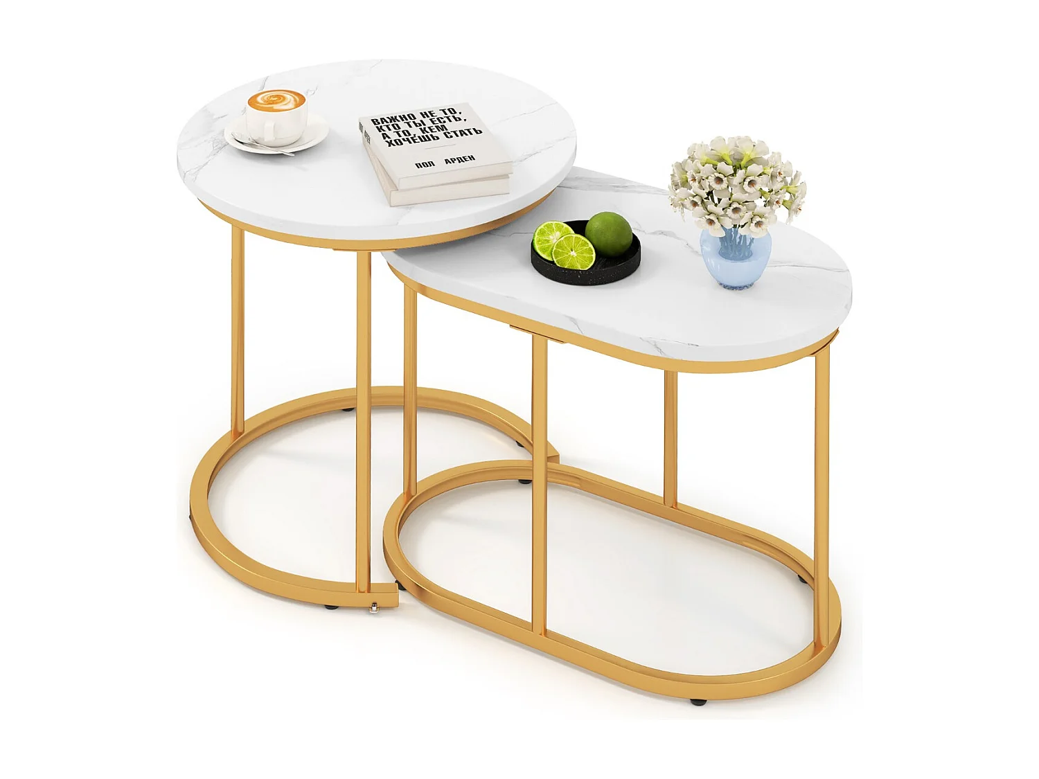 Set di tavolini da caffè impilabili da 2 pezzi, Tavolini laterali moderni con piano in finto marmo bianco Bianco + Oro