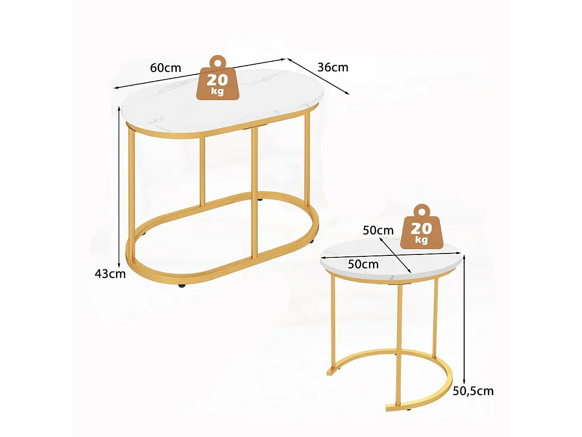 Set di tavolini da caffè impilabili da 2 pezzi, Tavolini laterali moderni con piano in finto marmo bianco Bianco + Oro