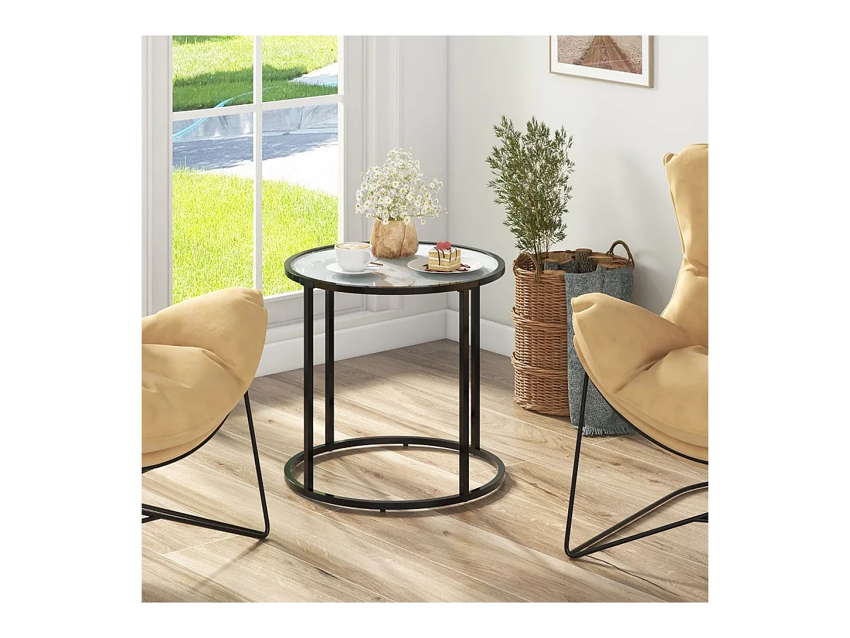 Tavolino rotondo da 50 cm con struttura in metallo e piano in vetro effetto marmo, Tavolino laterale in vetro Bianco e Nero