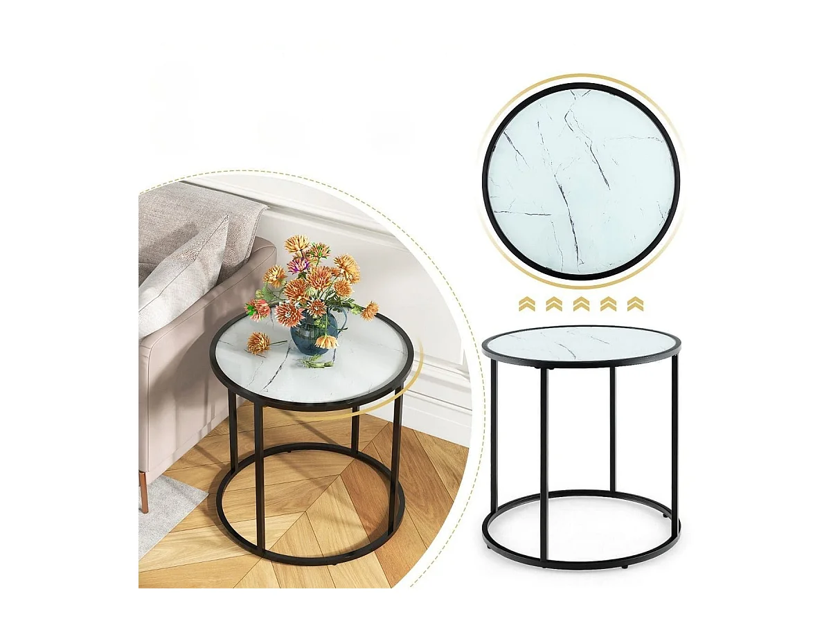 Tavolino rotondo da 50 cm con struttura in metallo e piano in vetro effetto marmo, Tavolino laterale in vetro Bianco e Nero
