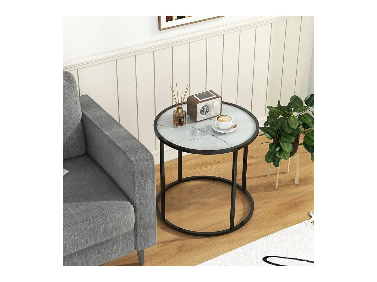 Tavolino rotondo da 50 cm con struttura in metallo e piano in vetro effetto marmo, Tavolino laterale in vetro Bianco e Nero