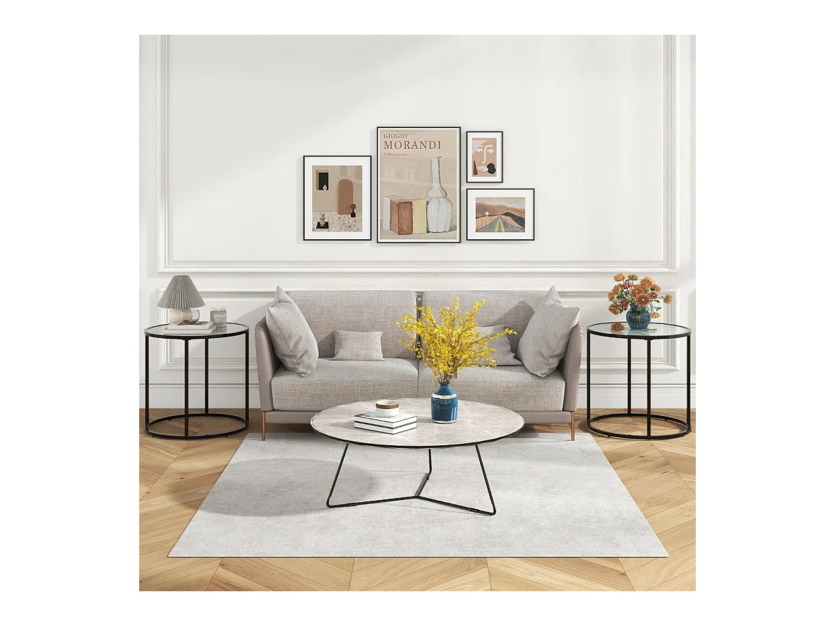 Tavolino rotondo da 50 cm con struttura in metallo e piano in vetro effetto marmo, Tavolino laterale in vetro Bianco e Nero