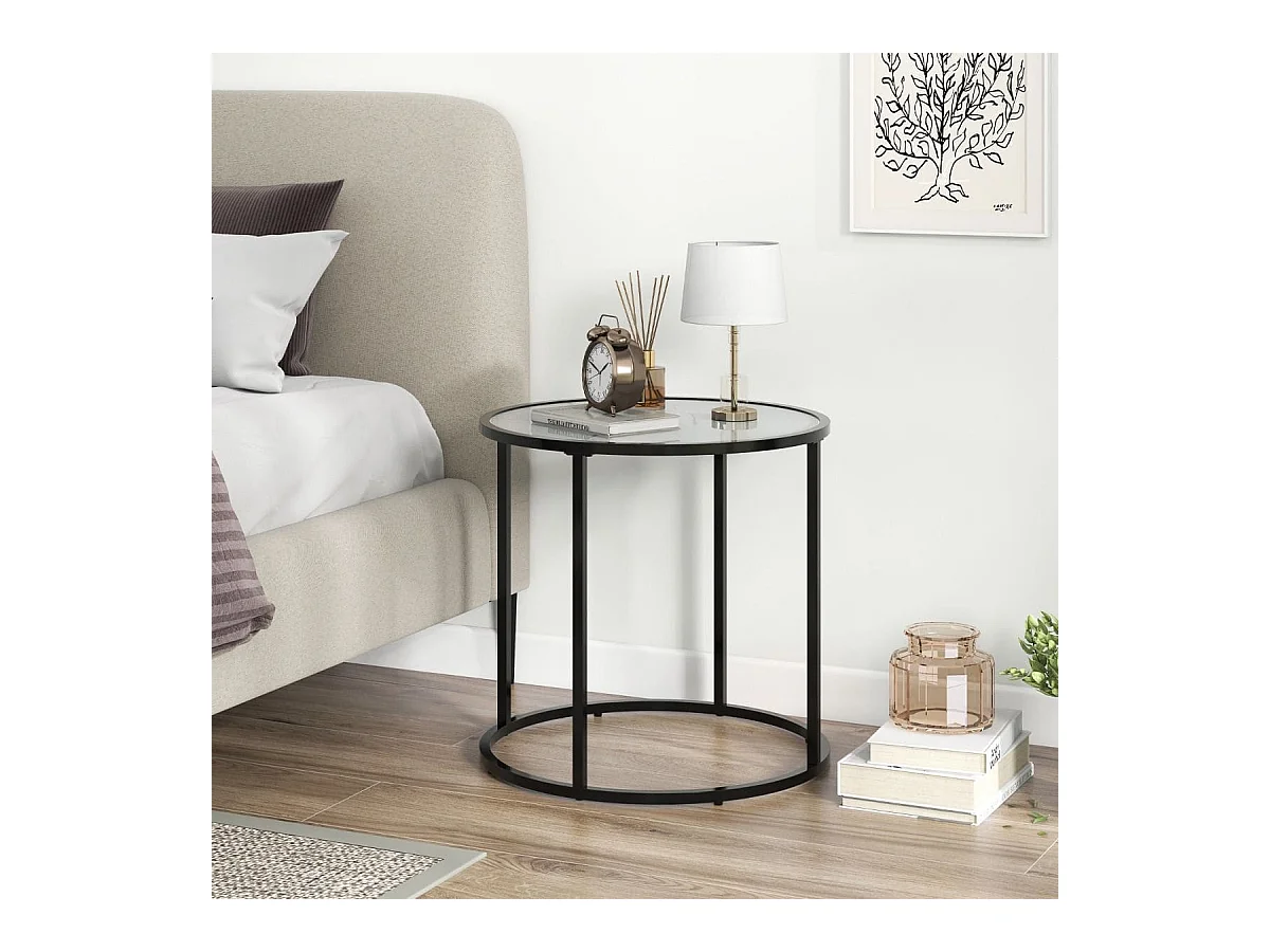 Tavolino rotondo da 50 cm con struttura in metallo e piano in vetro effetto marmo, Tavolino laterale in vetro Bianco e Nero