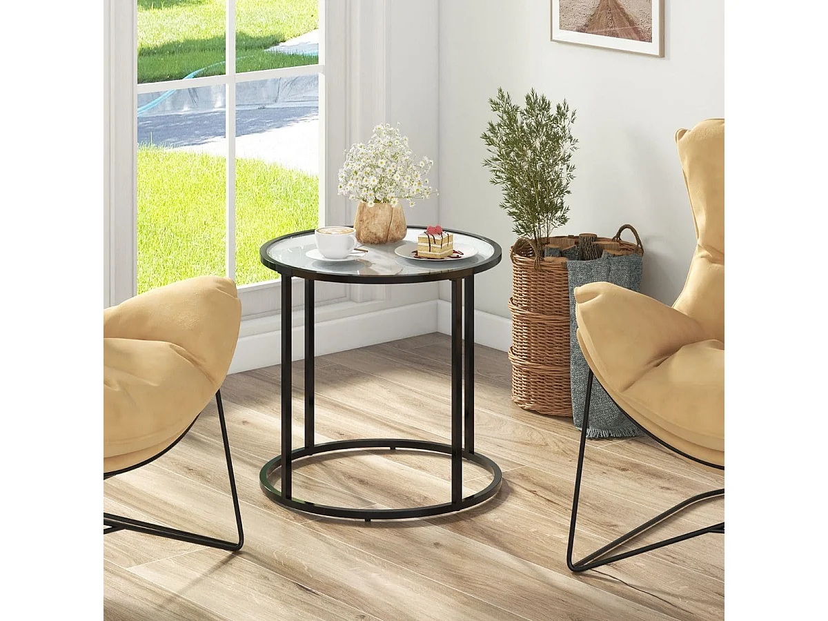 Table d'Appoint Ronde en Verre de 50 cm avec Cadre en Métal et Plateau en Verre Imitation Marbre Table d'Appoint Moderne Noir Et Blanc