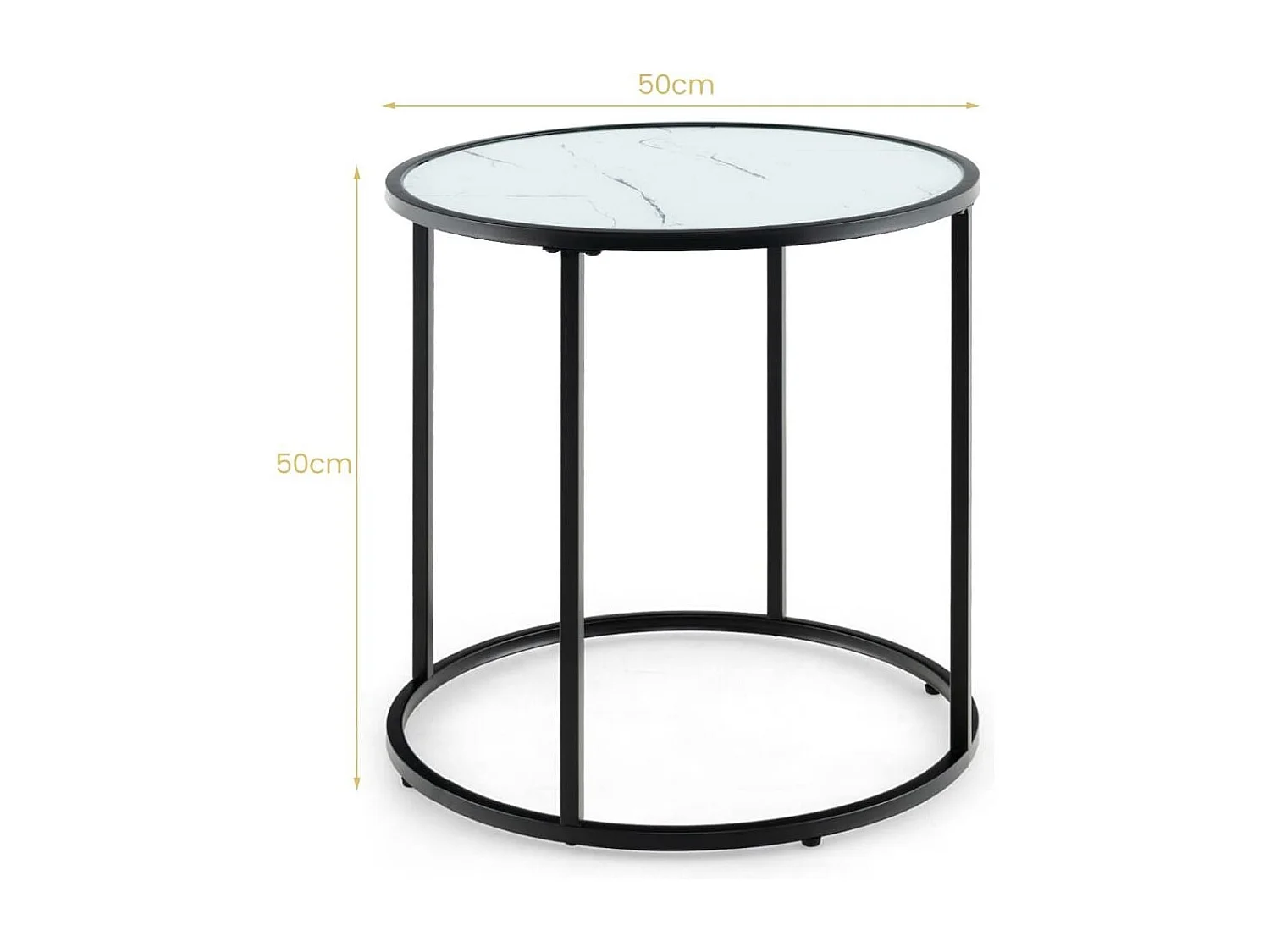 Table d'Appoint Ronde en Verre de 50 cm avec Cadre en Métal et Plateau en Verre Imitation Marbre Table d'Appoint Moderne Noir Et Blanc