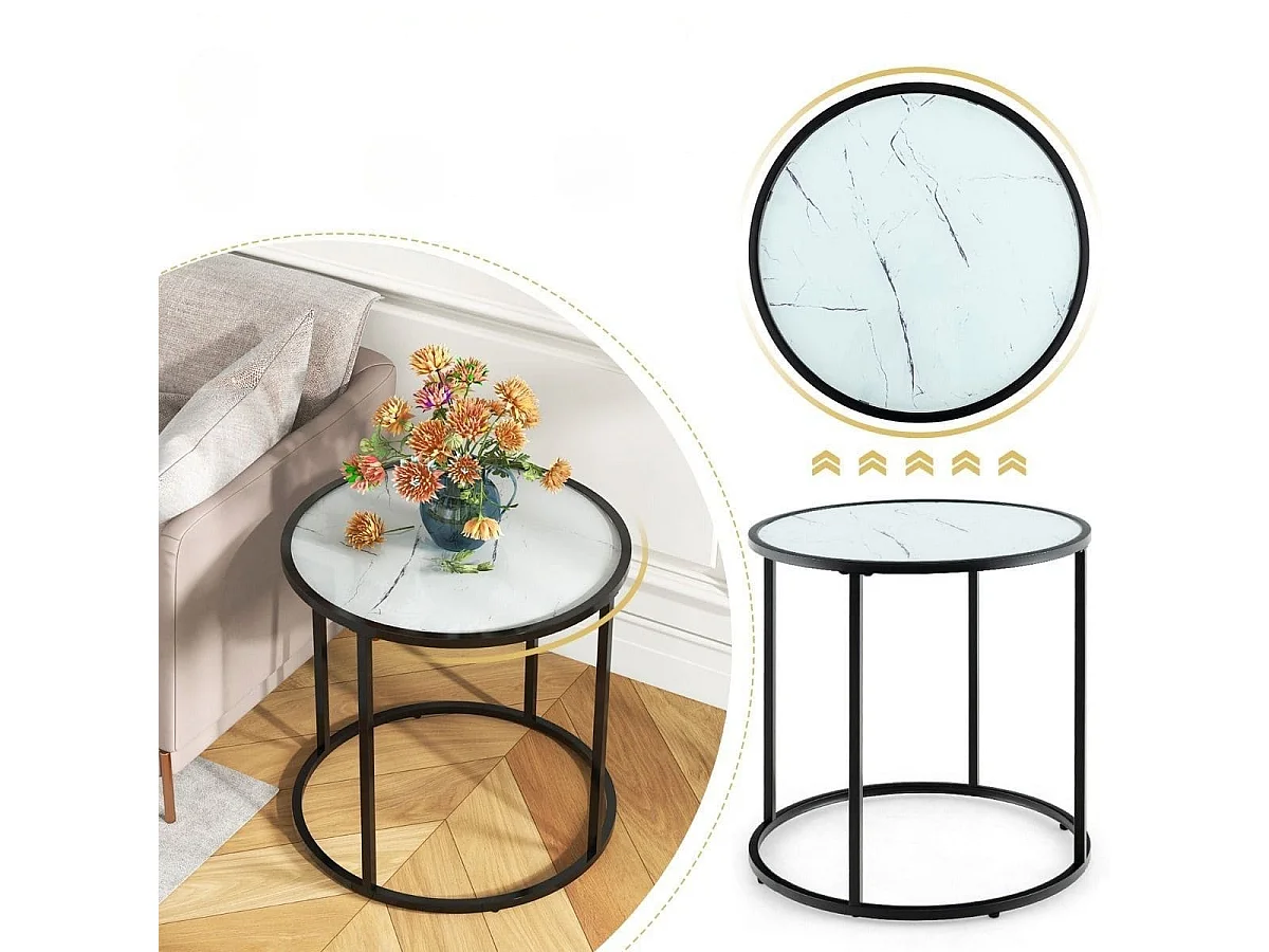 Table d'Appoint Ronde en Verre de 50 cm avec Cadre en Métal et Plateau en Verre Imitation Marbre Table d'Appoint Moderne Noir Et Blanc