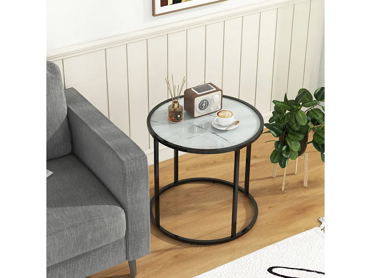 Table d'Appoint Ronde en Verre de 50 cm avec Cadre en Métal et Plateau en Verre Imitation Marbre Table d'Appoint Moderne Noir Et Blanc