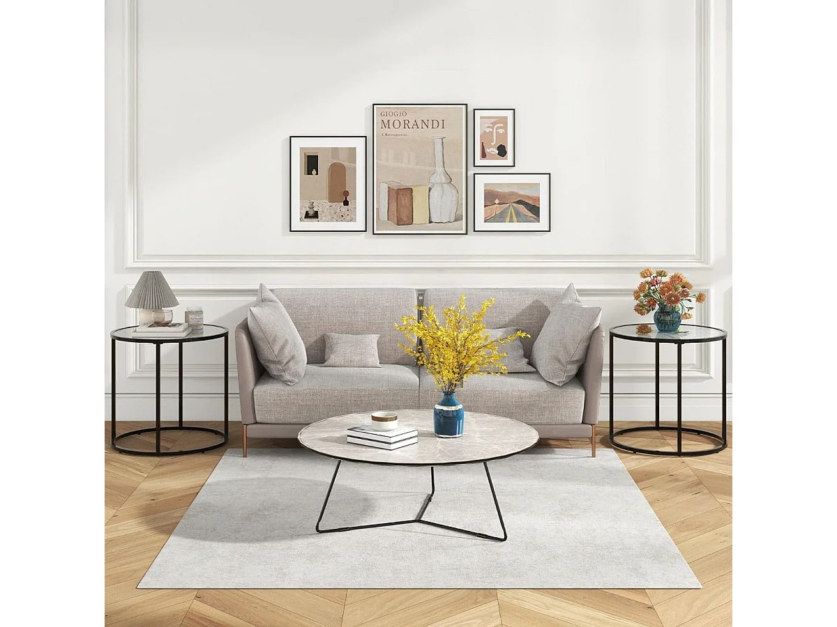 Table d'Appoint Ronde en Verre de 50 cm avec Cadre en Métal et Plateau en Verre Imitation Marbre Table d'Appoint Moderne Noir Et Blanc