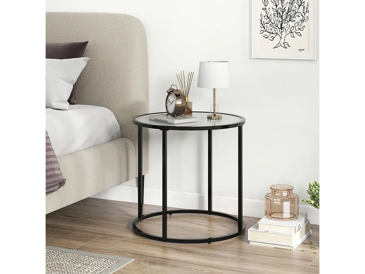 Table d'Appoint Ronde en Verre de 50 cm avec Cadre en Métal et Plateau en Verre Imitation Marbre Table d'Appoint Moderne Noir Et Blanc