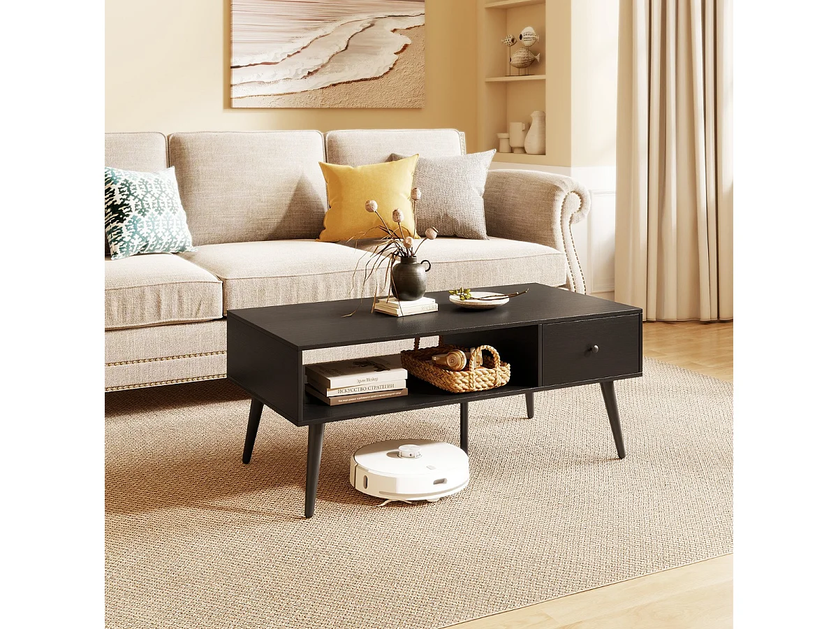 Tavolino moderno mid-century con 1 cassetto e mensola, Tavolino da caffè per salone e reception Nero