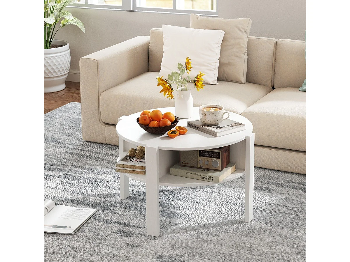 Tavolino rotondo con vano portaoggetti Tavolo da salotto in legno con 4 ripiani Tavolino bianco