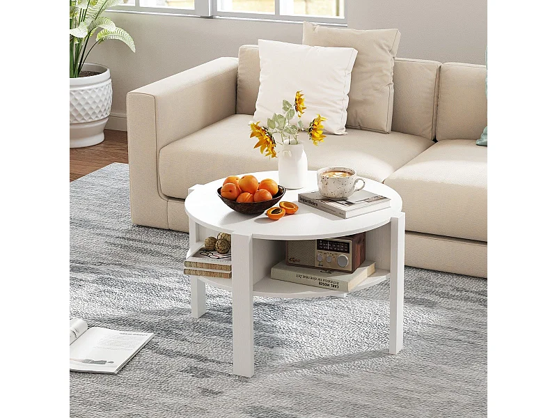 Rund Couchtisch mit Stauraum Holz Wohnzimmertisch mit 4 Regalen Kaffeetisch Weiß