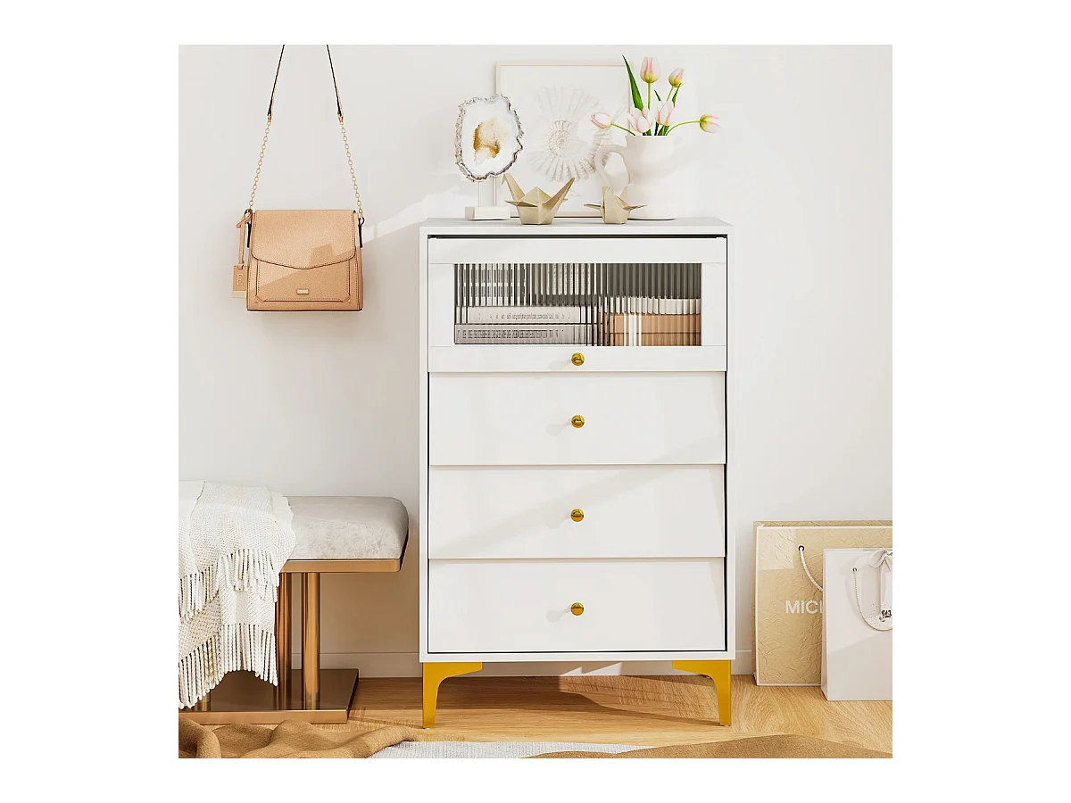 Kommode mit 3 Schubladen Sideboard mit hochklappbarer Glastür Aufbewahrungsschrank Weiß