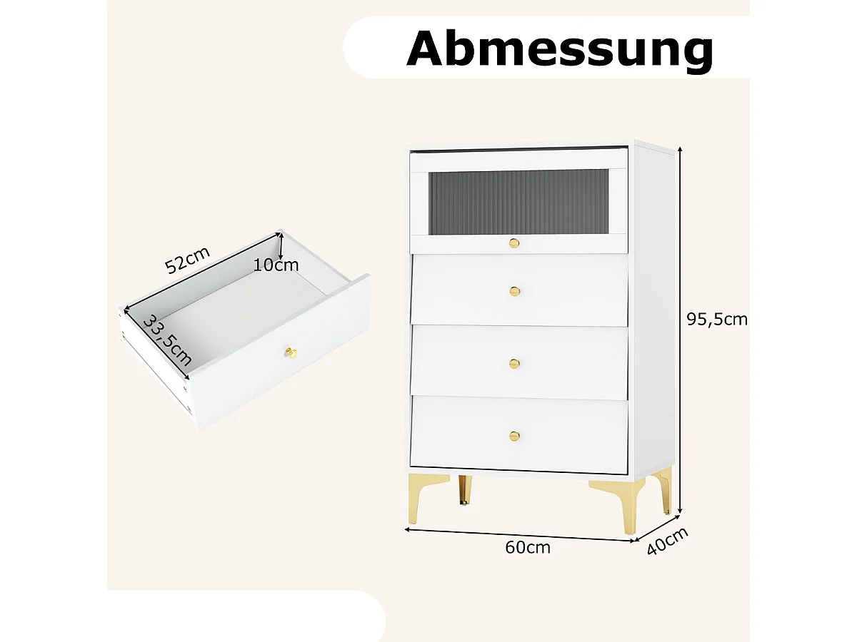 Comò 3 cassetti mobiletto moderno con porta in vetro a ribalta e cassetti estraibili, Gambe in metallo dorato e design anti-ribaltamento Bianco