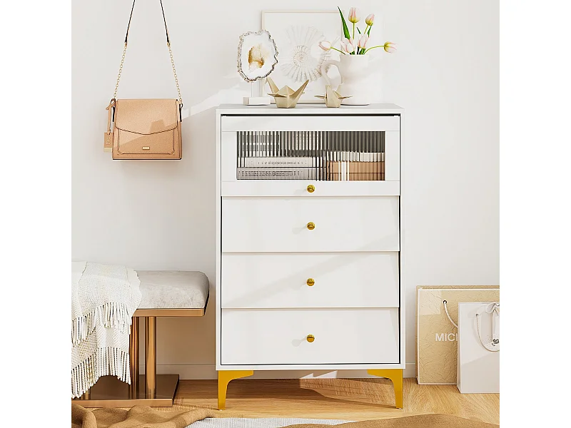 Kommode mit 3 Schubladen Sideboard mit hochklappbarer Glastür Aufbewahrungsschrank Weiß