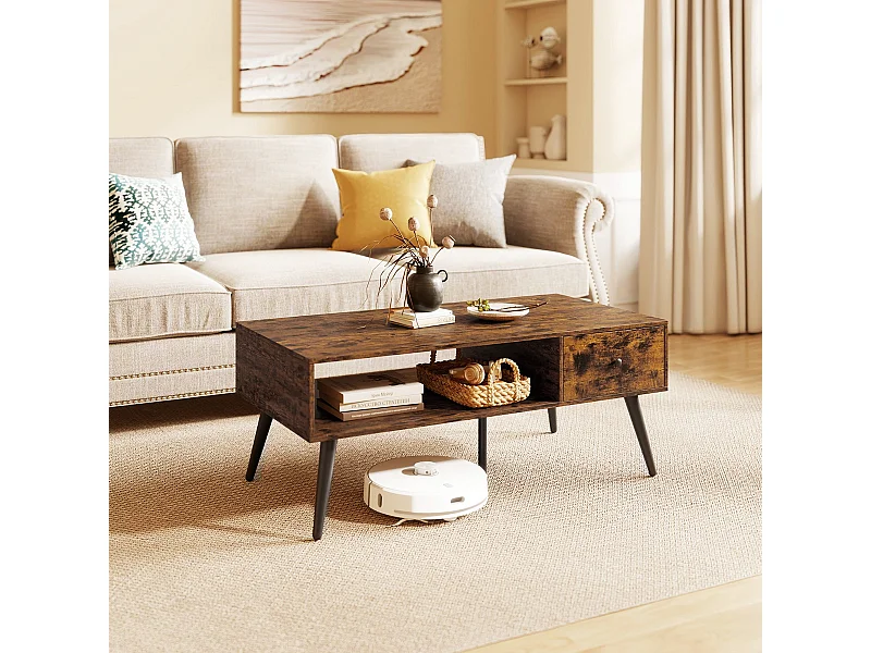 Table Basse Industrielle 109 x 55 x 44,5 CM avec 1 Tiroir et Etagère de Stockage Cadre en Métal