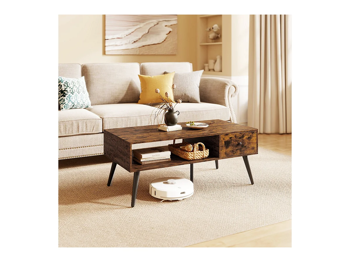 Tavolino moderno mid-century con 1 cassetto e mensola, Tavolino da caffè per salone e reception Marrone rustico