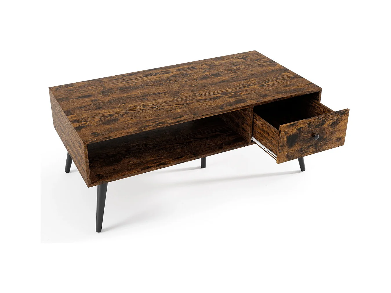 Tavolino moderno mid-century con 1 cassetto e mensola, Tavolino da caffè per salone e reception Marrone rustico