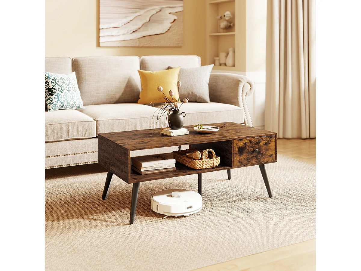 Tavolino moderno mid-century con 1 cassetto e mensola, Tavolino da caffè per salone e reception Marrone rustico