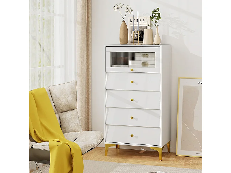 Commode 4 Tiroirs Armoire de Rangement Moderne avec Porte en Verre Strié Basculante et Tiroirs Coulissants Pieds Métalliques Dorés Gris