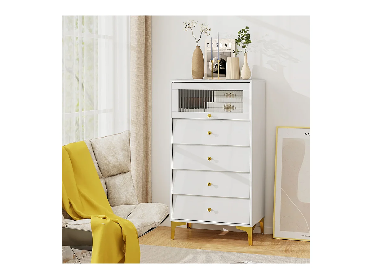 Commode 4 Tiroirs Armoire de Rangement Moderne avec Porte en Verre Strié Basculante et Tiroirs Coulissants Pieds Métalliques Dorés Gris