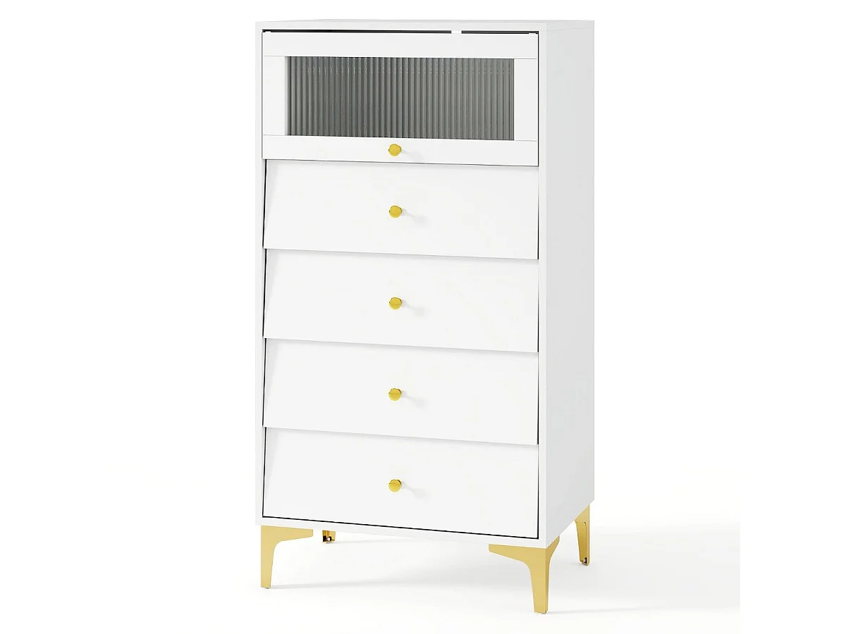 Comò 4 cassetti mobiletto moderno con porta in vetro a ribalta e cassetti estraibili, Gambe in metallo dorato e design anti-ribaltamento Bianco
