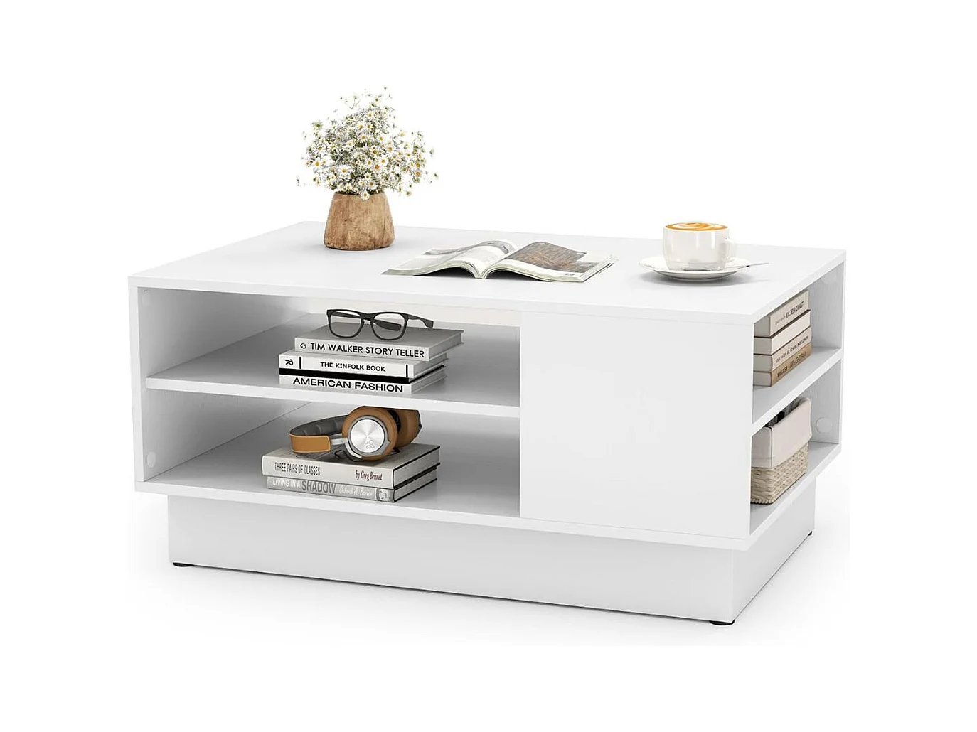 Table Basse Multifonctionnelle Style Moderne Tabled'Appoint Rectangulaire avec 2 Étagères de Rangement Ouvertes 86 x 56 x 41cm Blanc