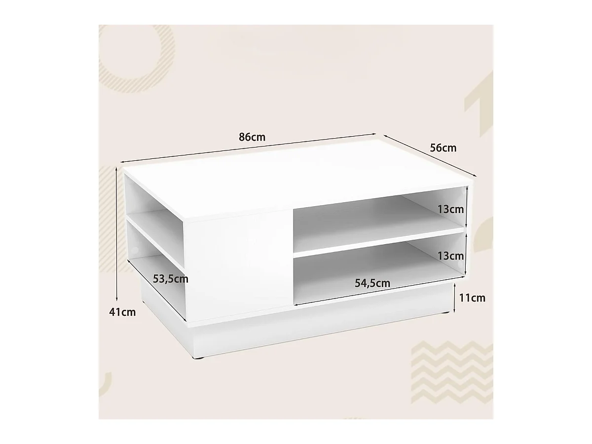Table Basse Multifonctionnelle Style Moderne Tabled'Appoint Rectangulaire avec 2 Étagères de Rangement Ouvertes 86 x 56 x 41cm Blanc