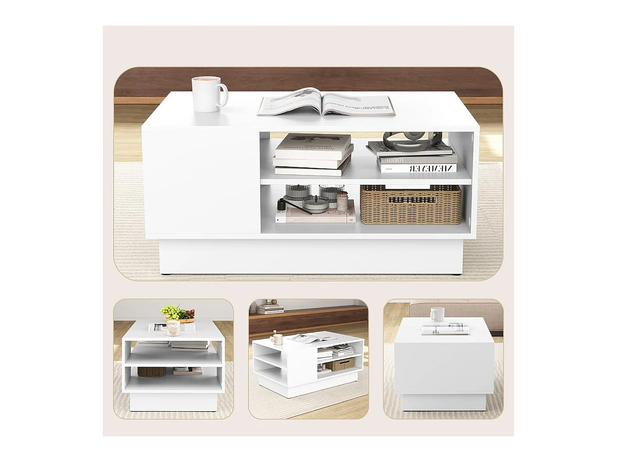 Table Basse Multifonctionnelle Style Moderne Tabled'Appoint Rectangulaire avec 2 Étagères de Rangement Ouvertes 86 x 56 x 41cm Blanc