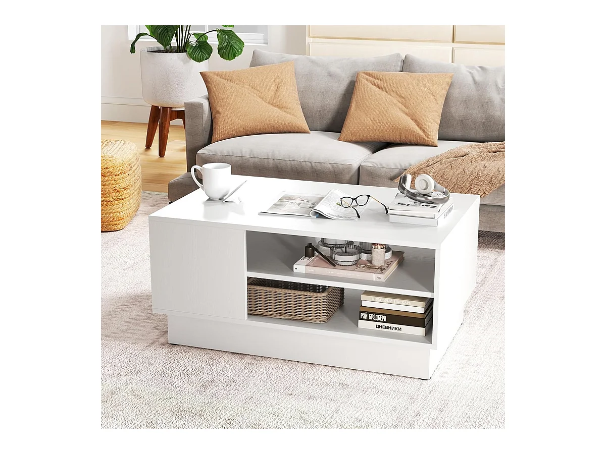Table Basse Multifonctionnelle Style Moderne Tabled'Appoint Rectangulaire avec 2 Étagères de Rangement Ouvertes 86 x 56 x 41cm Blanc