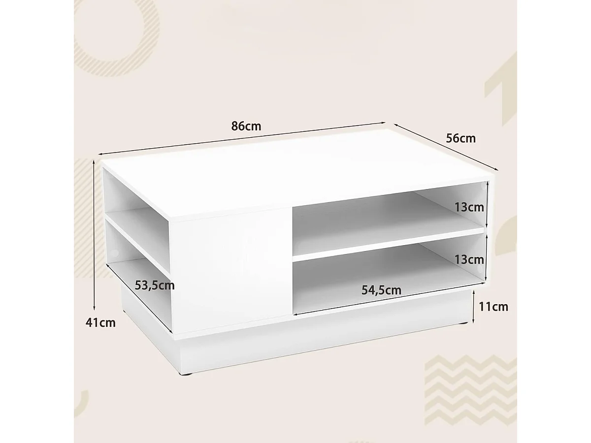 Tavolo centrale rettangolare con 2 ripiani di stoccaggio aperti, Tavolino da caffè moderno Bianco