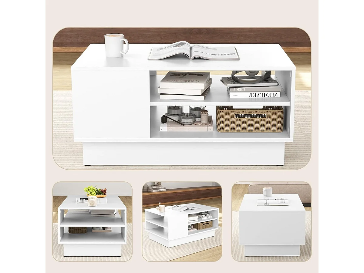 Tavolo centrale rettangolare con 2 ripiani di stoccaggio aperti, Tavolino da caffè moderno Bianco