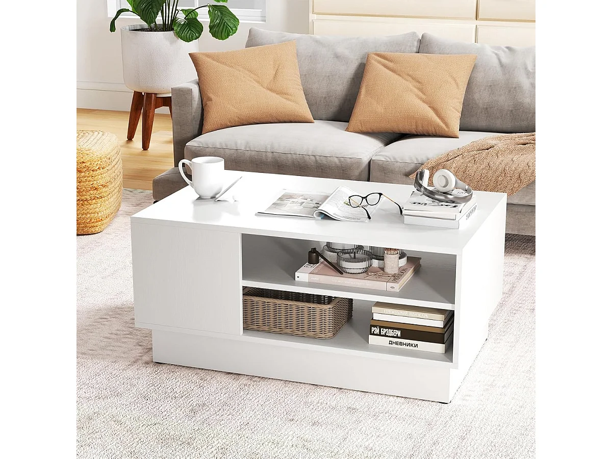 Tavolo centrale rettangolare con 2 ripiani di stoccaggio aperti, Tavolino da caffè moderno Bianco