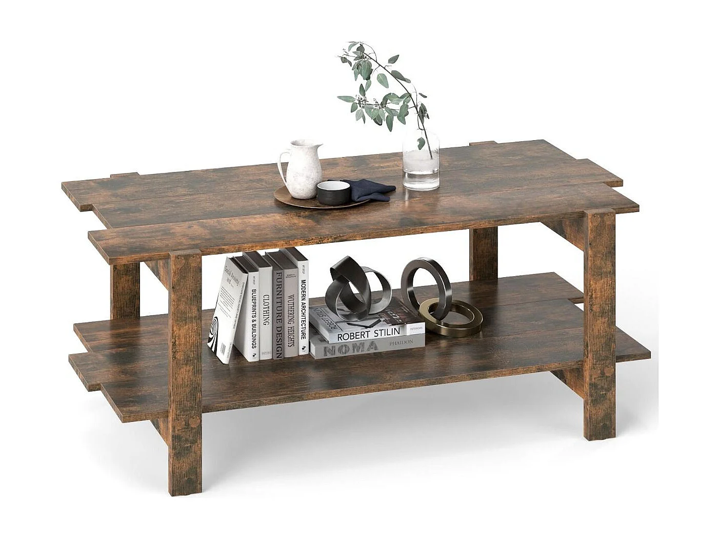 Table Basse à 2 Niveaux Table Centrale en Bois à Lattes avec Étagère de Rangement Table Cocktail  d'Accent Capacité de 120kg Café