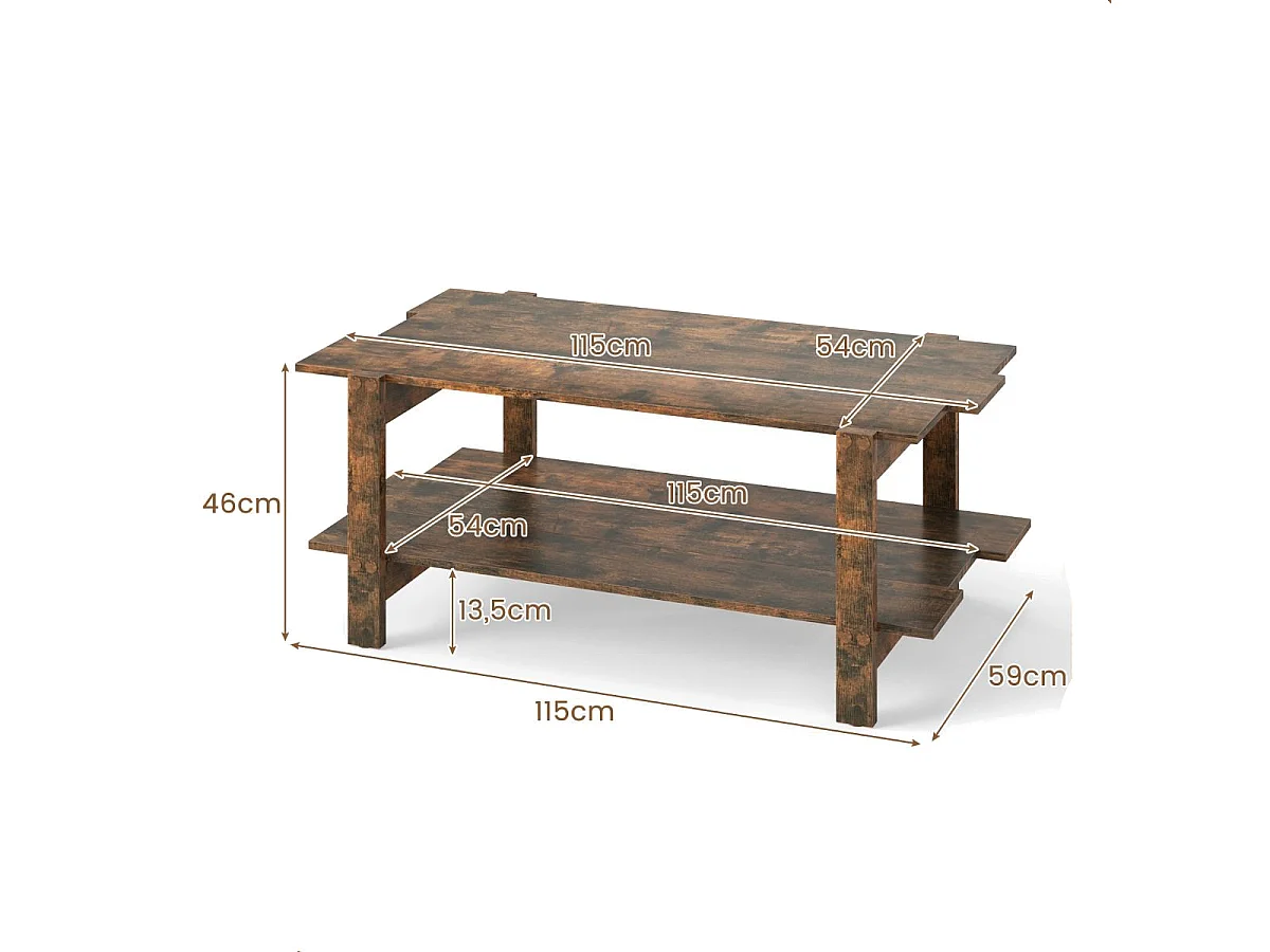 Table Basse à 2 Niveaux Table Centrale en Bois à Lattes avec Étagère de Rangement Table Cocktail  d'Accent Capacité de 120kg Café