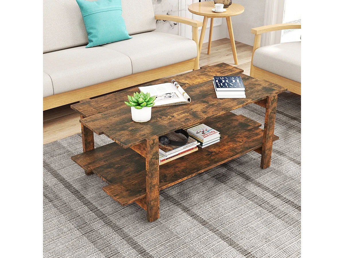 Table Basse à 2 Niveaux Table Centrale en Bois à Lattes avec Étagère de Rangement Table Cocktail  d'Accent Capacité de 120kg Café