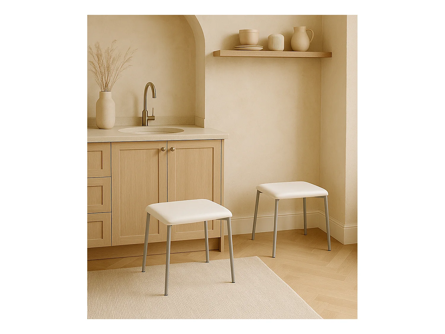 Pack de 4 taburetes bajos de 47x35x35 cm con asiento de PVC acolchado en color blanco Inya