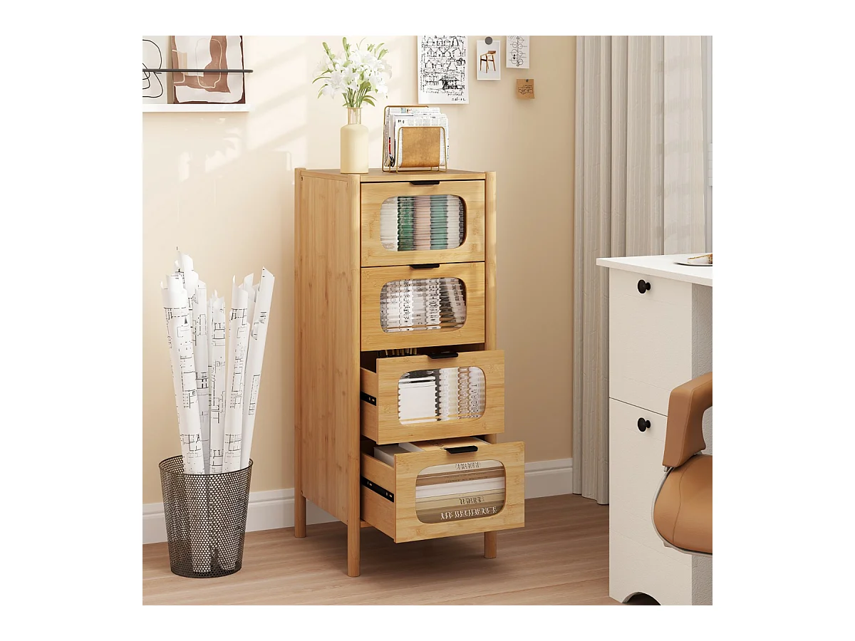 Kommode mit 4 Schubladen Sideboard aus Bambus & Gehärtetes Glas Natur 40 x 40 x 97 cm