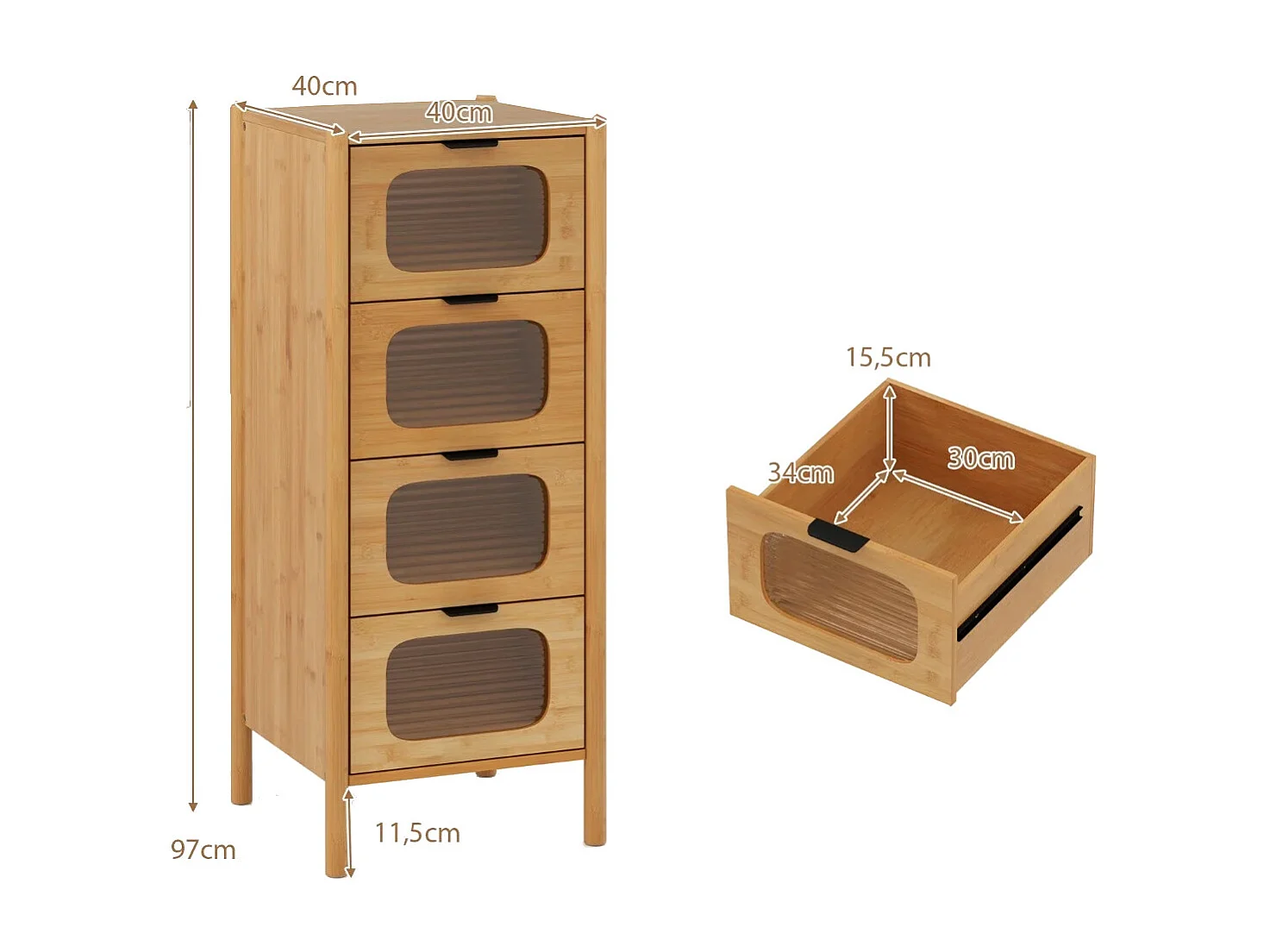 Commode à 4 Tiroirs Armoire de Rangement en Bambou avec Tiroirs en Verre Trempé Rayé Meuble de Rangement de Style Moderne Naturel