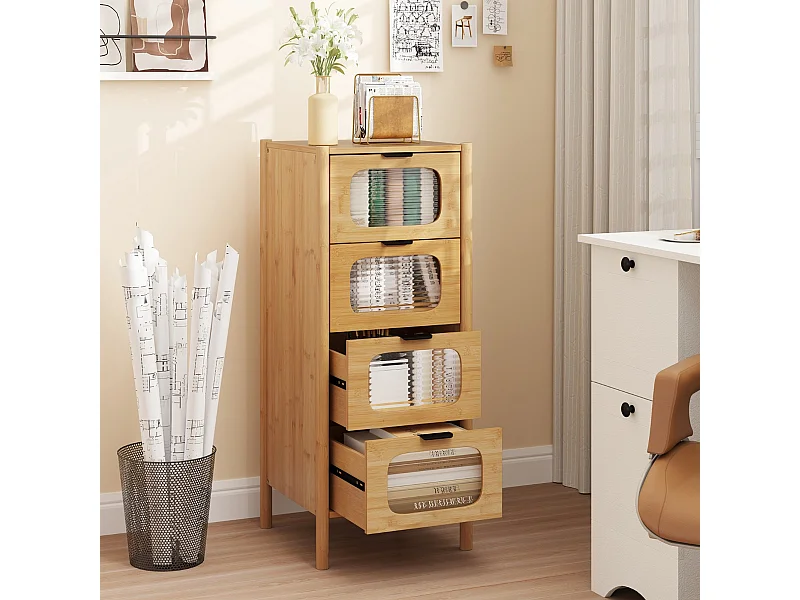 Commode à 4 Tiroirs Armoire de Rangement en Bambou avec Tiroirs en Verre Trempé Rayé Meuble de Rangement de Style Moderne Naturel