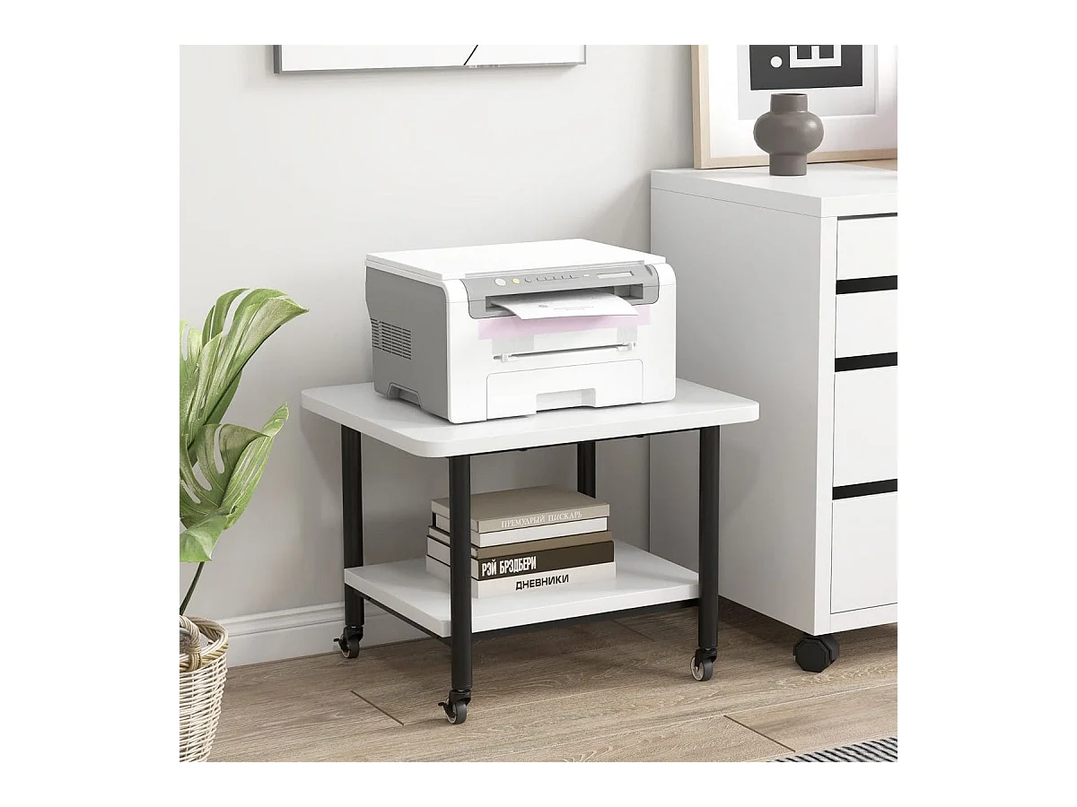 Support d'Imprimante à 2 Niveaux Meuble Imprimante avec 4 Roues et Étagère de Rangement pour Dossier Organisateur de Stockage Blanc