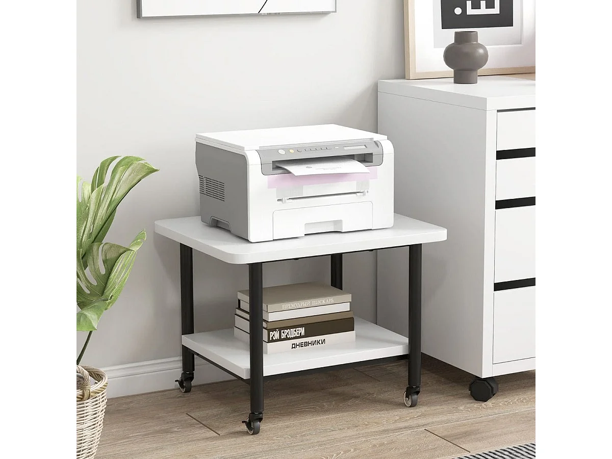 Support d'Imprimante à 2 Niveaux Meuble Imprimante avec 4 Roues et Étagère de Rangement pour Dossier Organisateur de Stockage Blanc