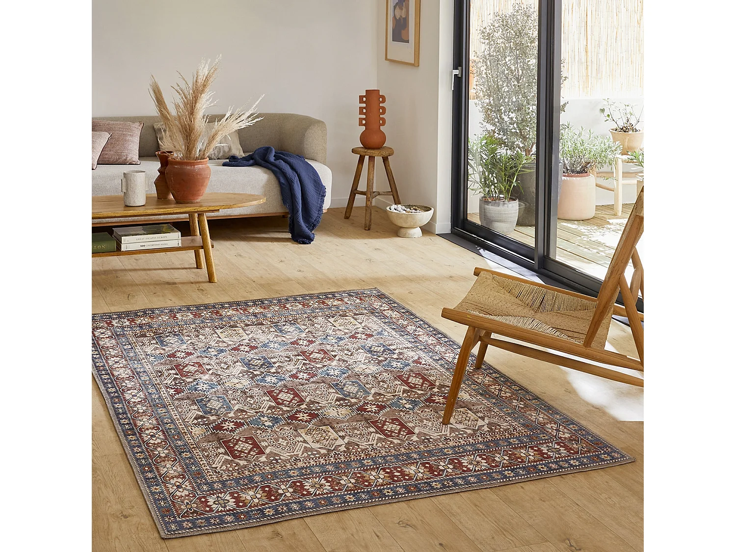 Tapis intérieur motif oriental / persan rouge. marron et bleu 120 x 160 cm - Tomo