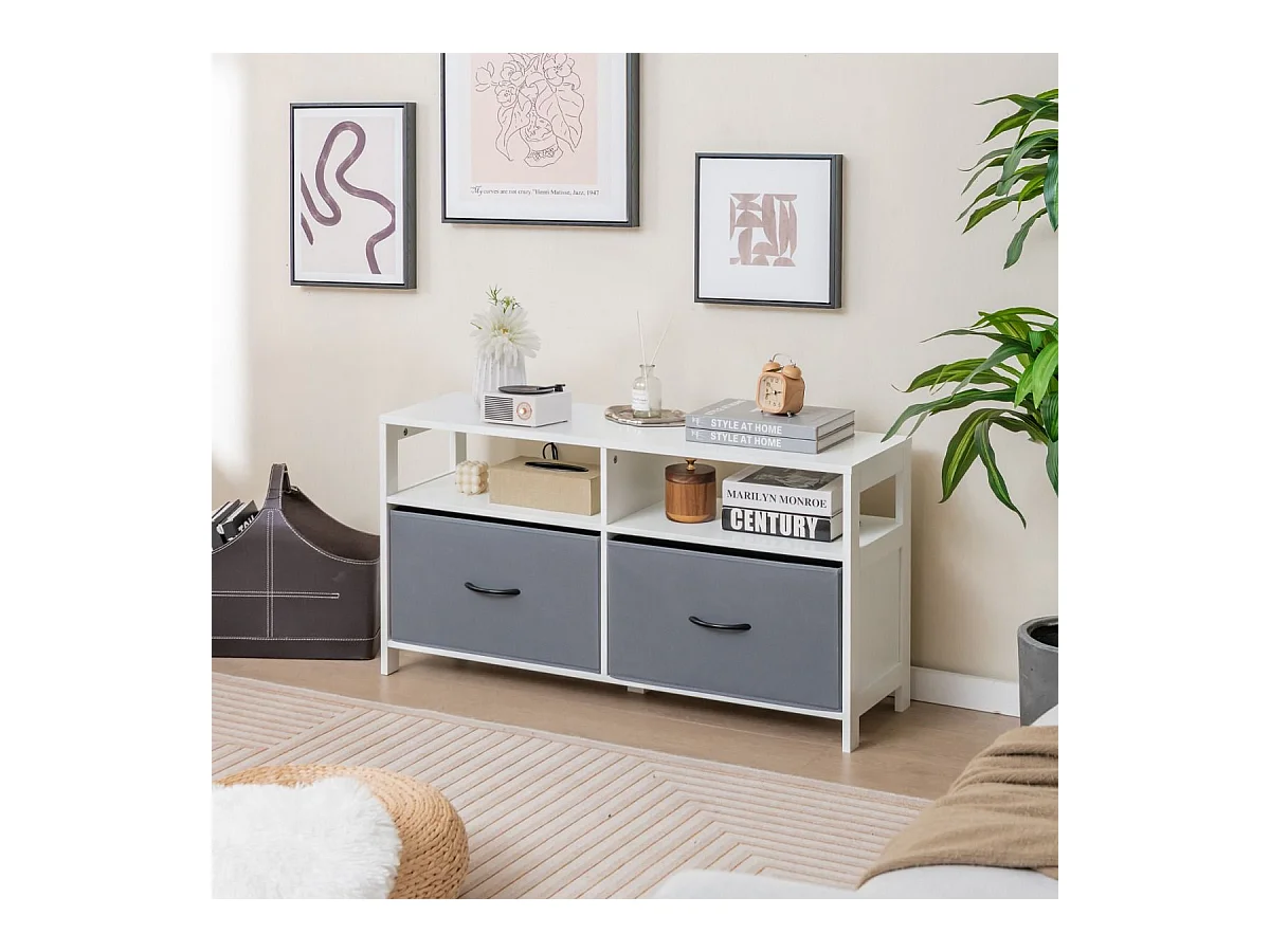 Cassettiera in tessuto con 2 cassetti e 2 ripiani aperti, Unità organizzatrice di stoccaggio per la casa Bianco